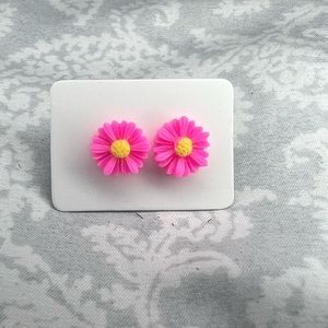 Metal-free Pink Daisy Earrings, Plastic Post Studs, Allergy Free Hypoallergenic